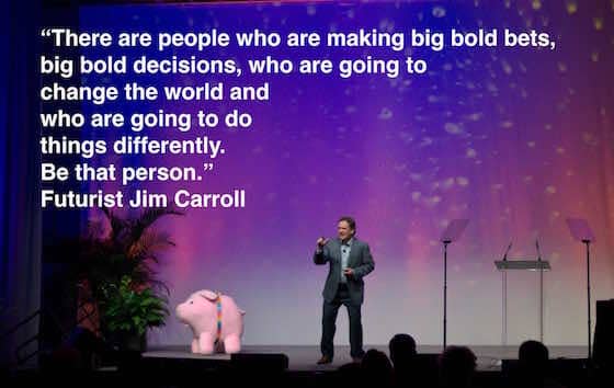 Jim Carroll on stage in Dallas, Texas -- with a pink elephant! (He's still not quite sure what it was doing there, but hey, every stage is a different stage!)